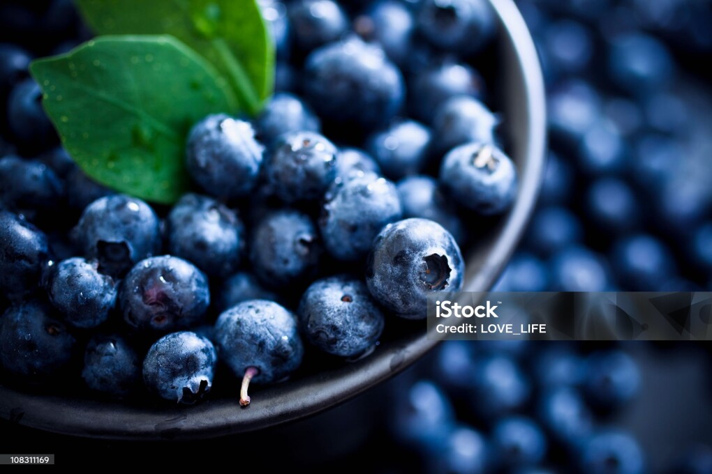 Blueberries with leaves. Selective focus