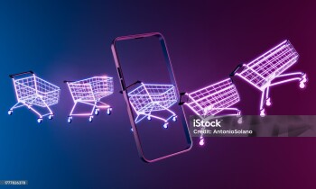 Shopping carts with a neon outline exiting a smartphone screen, symbolizing e-commerce and online shopping trends. 3D Rendering.