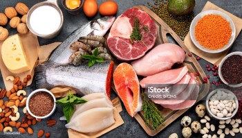 Natural sources of protein on dark background. Healthy balanced diet concept. Top view, flat lay, copy space