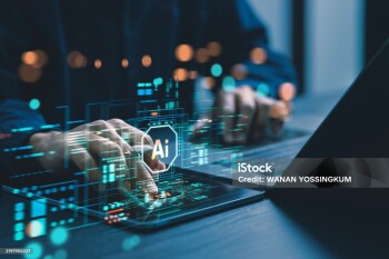 Humans are using laptops and computers to interact with AI, helping them create, code, train AI, or analyze big data with fast, cutting-edge  technology.