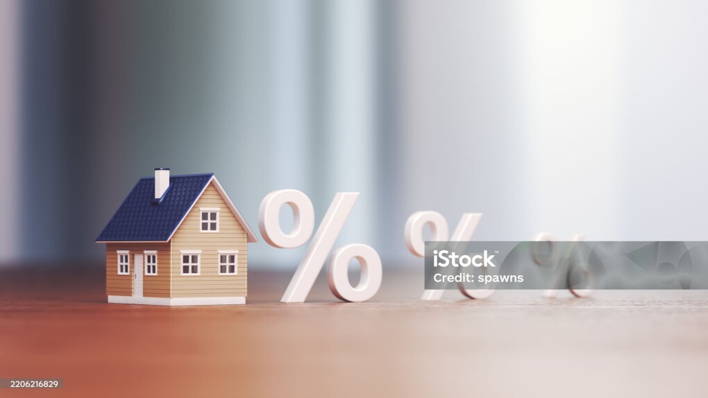 3d render Miniature house Real Estate Trading and Percentage Signs, Mortgage Low and High Interest Concept Buying and Selling, Buying and Selling Mortgage Interest Concept, Depth of Field