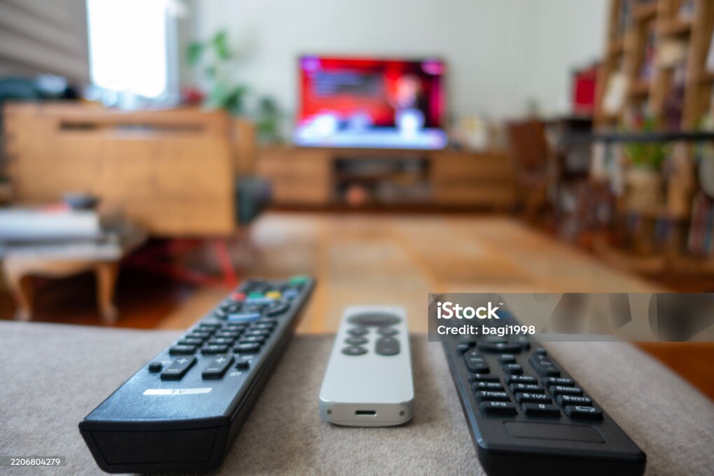 Television control on sofa with defocused television in background.