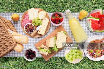 Summer picnic food scene. Top view with blanket over a green lawn background. Picnic basket, fruit, salad, sandwiches and snacks.