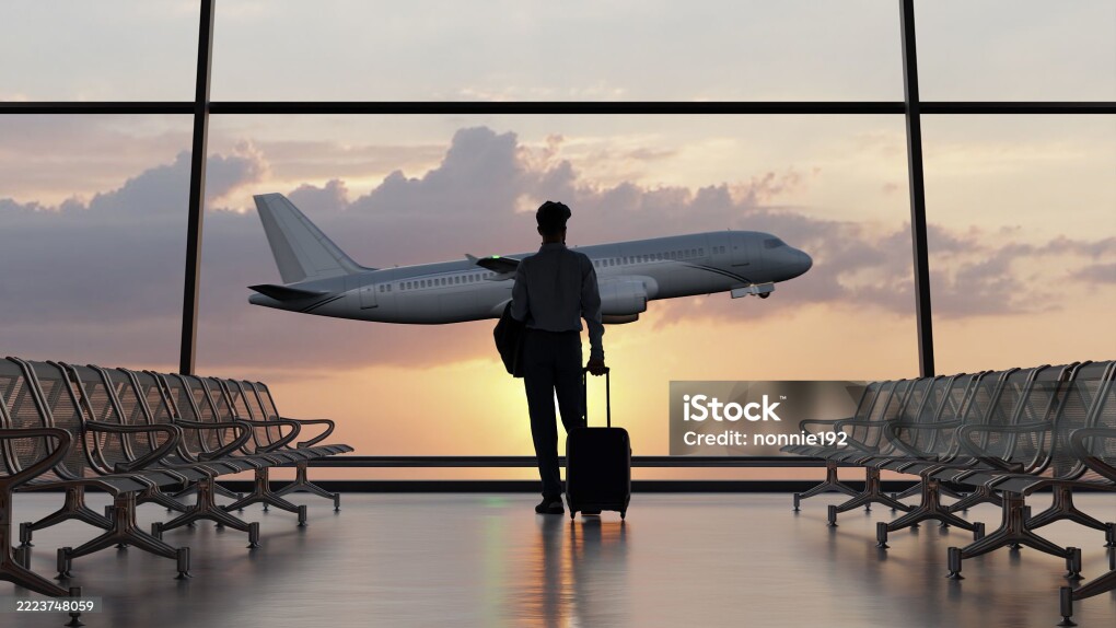 Silhouette of a man walking in the airport as the plane takes off during sunset. 3D illustration
