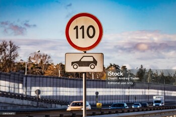Moscow, Russia - 25 April 2026: Speed limit sign 110 km/h on Yaroslavl Highway