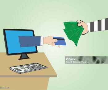 Business concept, Hand hold credit card through the Internet from computer and Hand thief hold money,Vector illustration