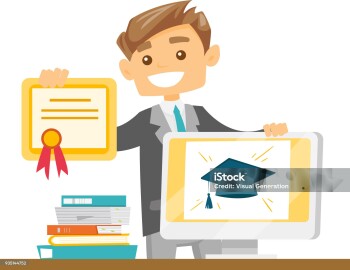 Young caucasian white graduate holding certificate and tablet computer with graduation cap on a screen. Concept of educational technology, online education and graduation. Vector cartoon illustration.