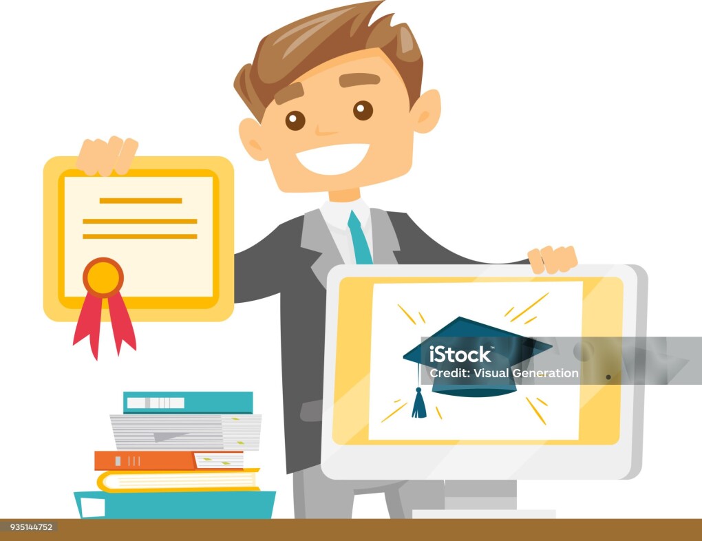 Young caucasian white graduate holding certificate and tablet computer with graduation cap on a screen. Concept of educational technology, online education and graduation. Vector cartoon illustration.