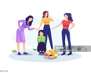Teenage bullying concept illustration. Sad teenage girl sitting on floor surrounded by classmates mocking her. Vector in a flat style