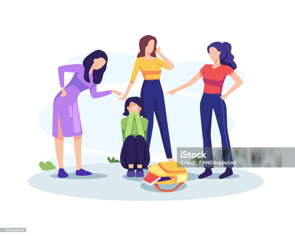 Teenage bullying concept illustration. Sad teenage girl sitting on floor surrounded by classmates mocking her. Vector in a flat style