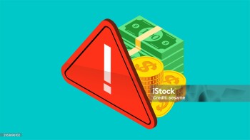 Money Security, Wealth Safety and Security, Investment Danger and Crisis, Financial Danger Warning, Isometric Danger Warning Signage Behind a Pile of Money