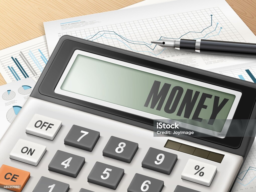 calculator with the word money on the display