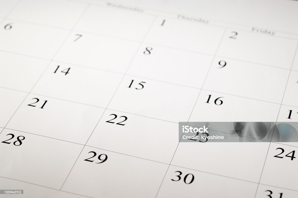 High angle view of a blank calendar with calendar date.
