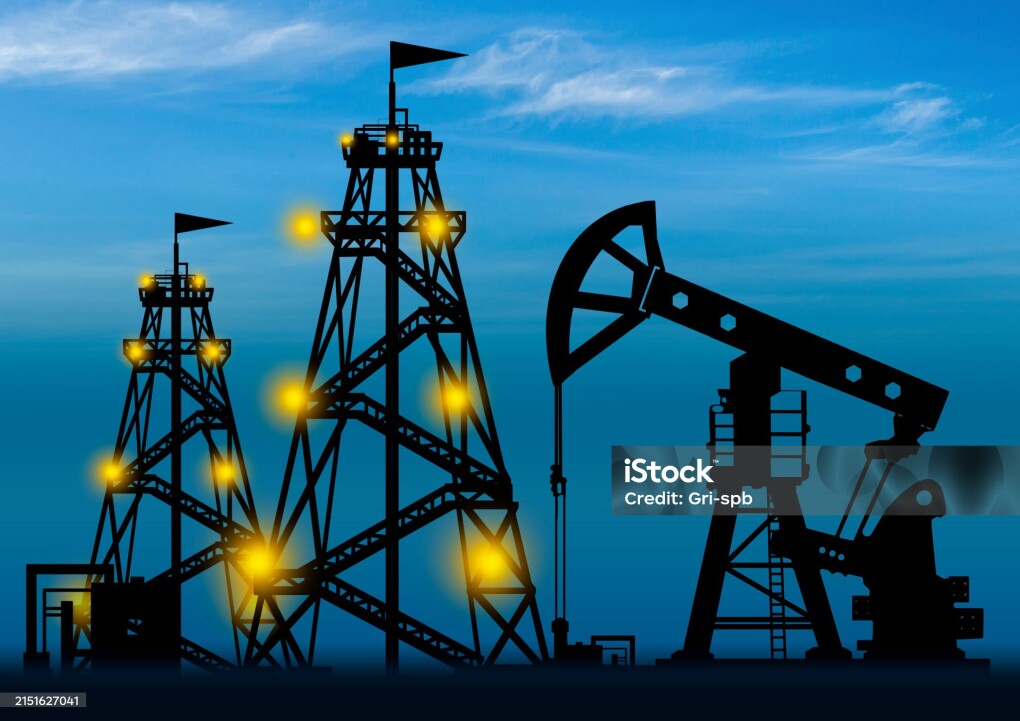 Oil and gas sector. Oil pump silhouette on sky background. Concept - petroleum exploration. Drilling rigs glow at night. Search for oil fields. Concept - petroleum production corporation.