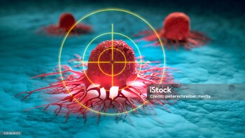 Medical 3D illustration of three cancer cells with a cell surface