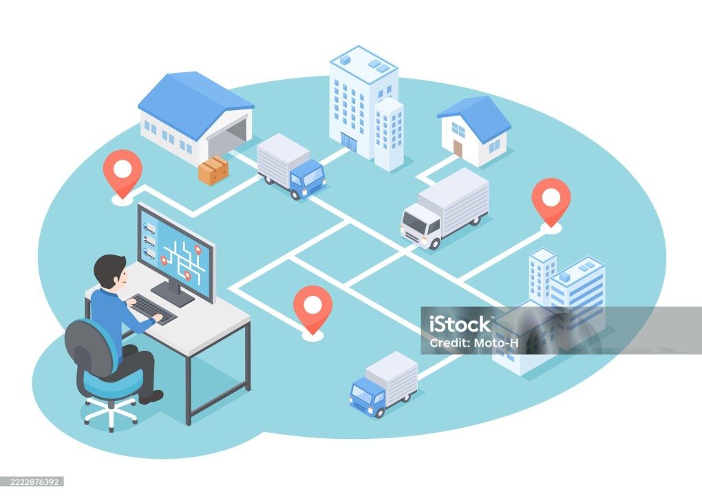 Isometric illustration of logistics delivery status being managed on a monitor