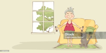 Elderly woman doing gymnastics along with a gray cat, vector illustration.