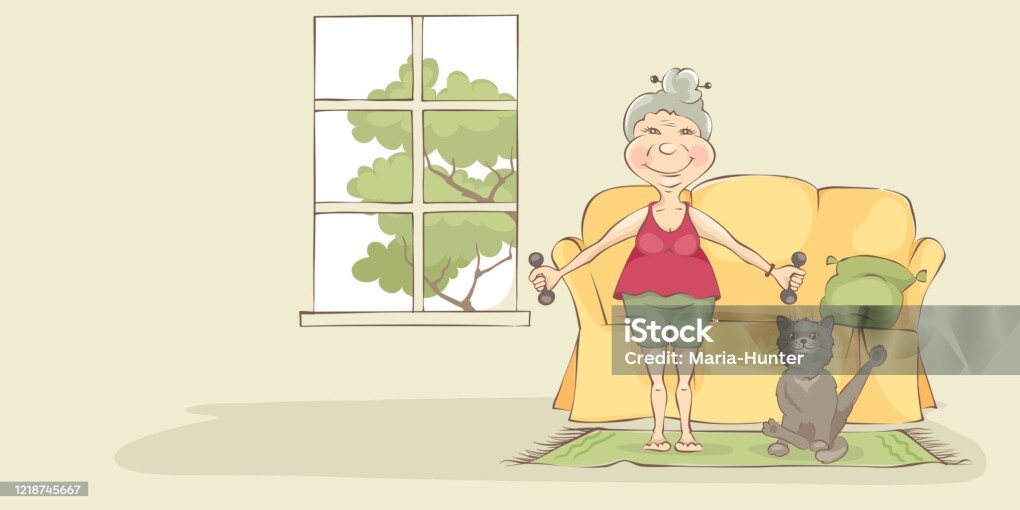Elderly woman doing gymnastics along with a gray cat, vector illustration.
