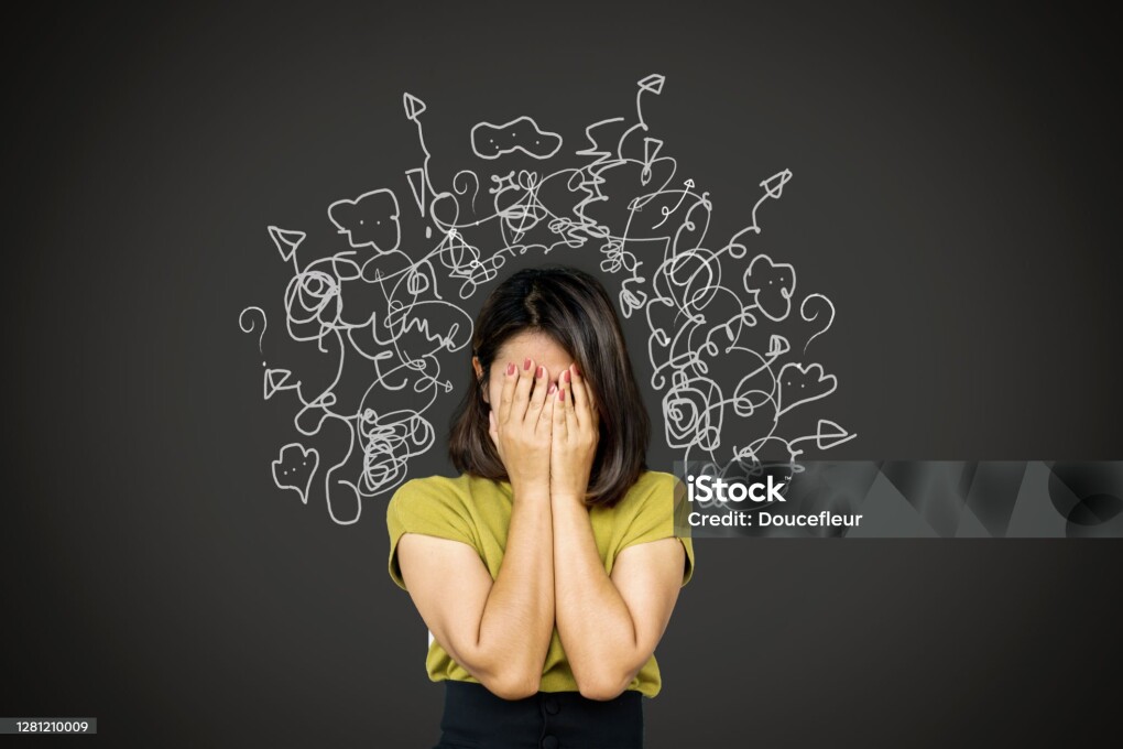 depressed Asian woman in deep many thoughts, having problem with over thinking