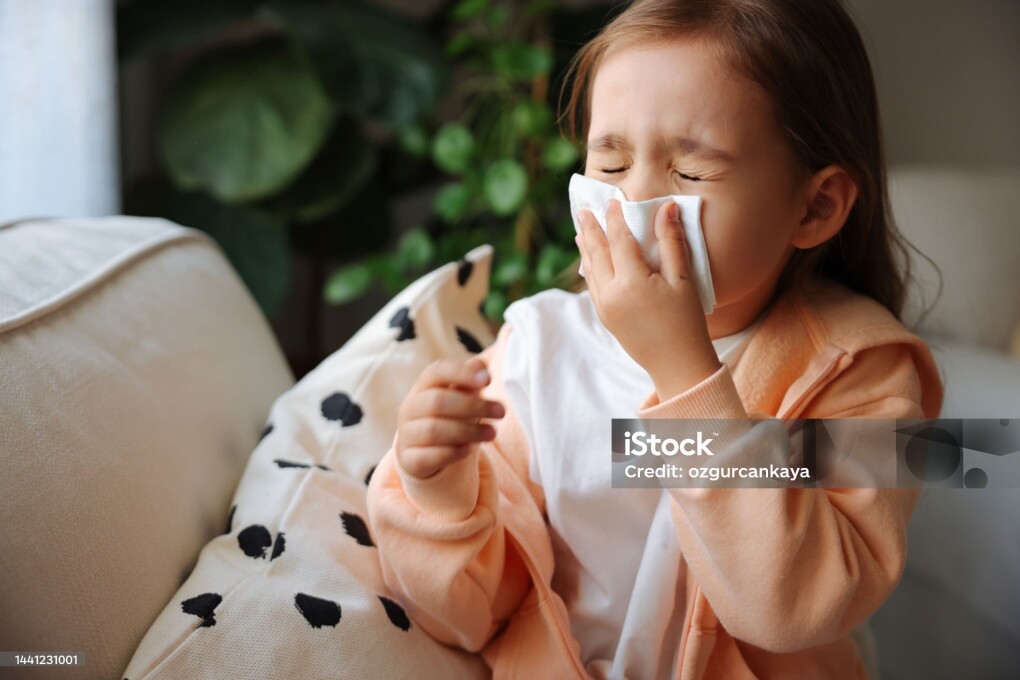 Sick little schoolgirl coughs and blows nose wiping with white paper napkin.